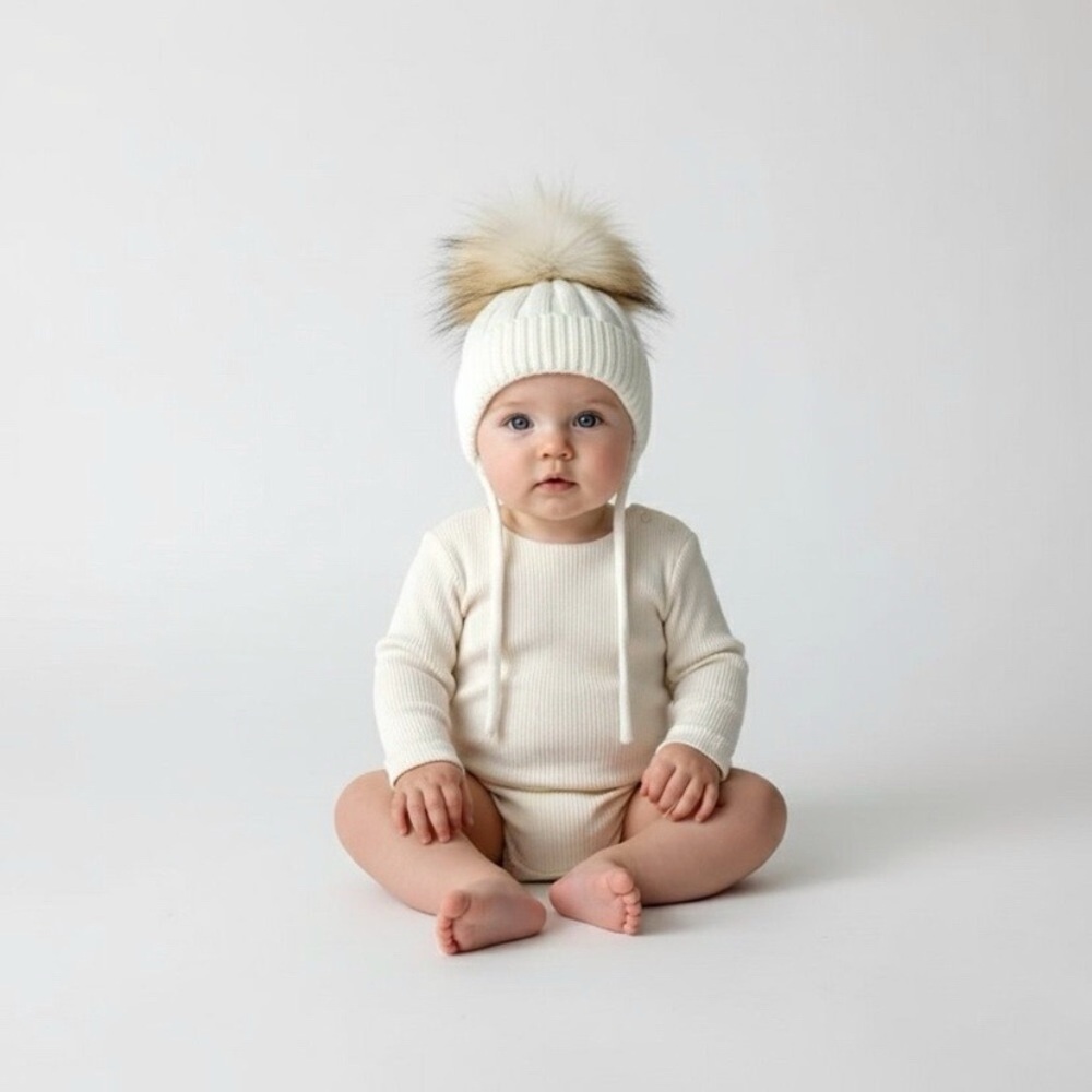 Cream Acrylic Pom Pom Beanie Kids size XS